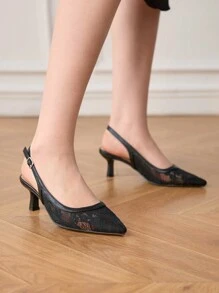 CUCCOO HITCHD 女士尖头蕾丝花卉图案细高跟鞋优雅精致正式鞋适合婚礼、宴会、派对，采用柔软网眼材料制成 - 黑色 - 查看 6