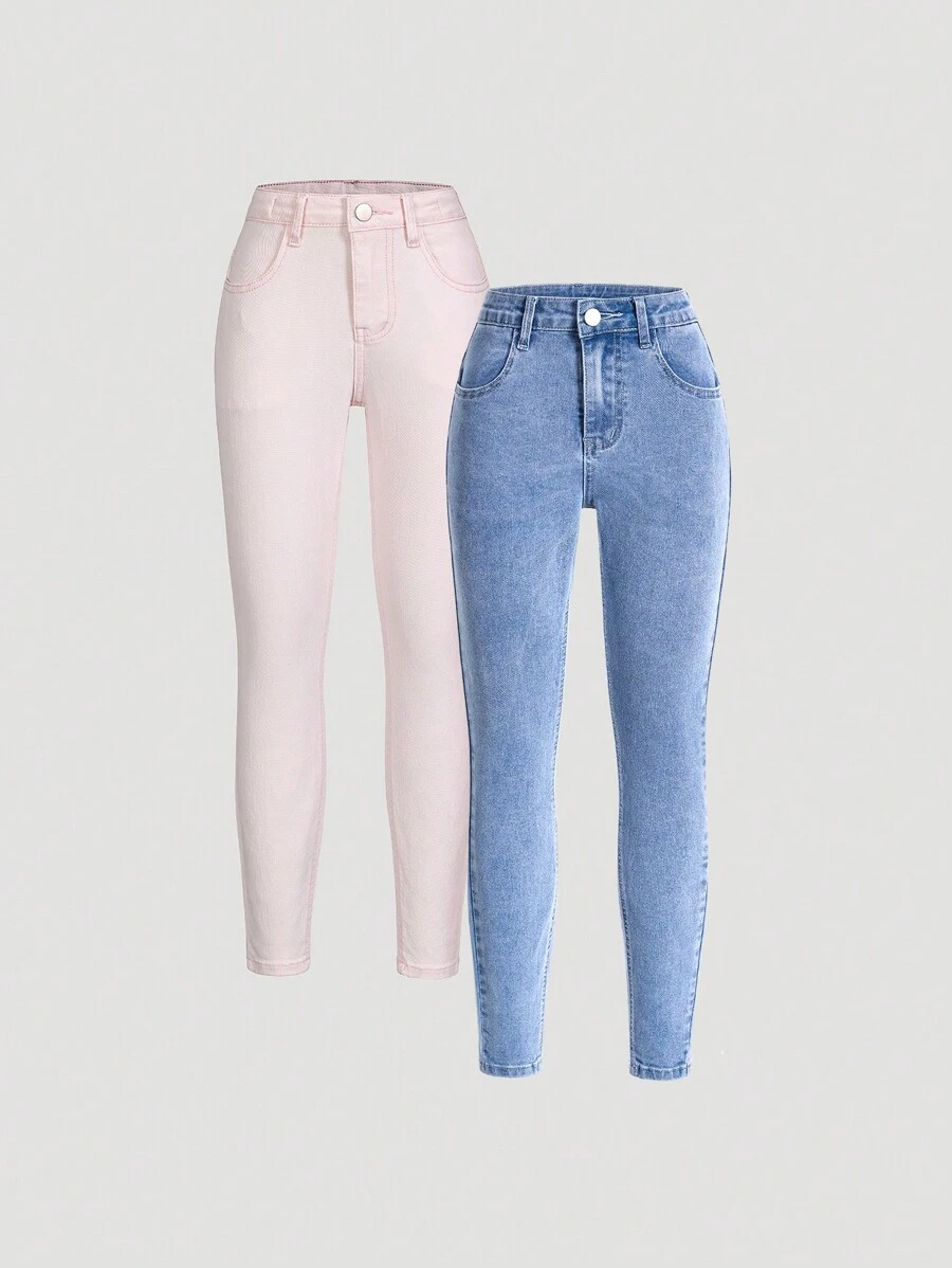 2pcs/Set Girls'' Elastic Denim Skinny Jeans - Multicolor - View 1