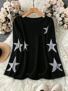 SHEIN LUNE Plus Size Star Print Sweater, Casual Knitted Pullover For Autumn/Winter Fall - Black - View 1