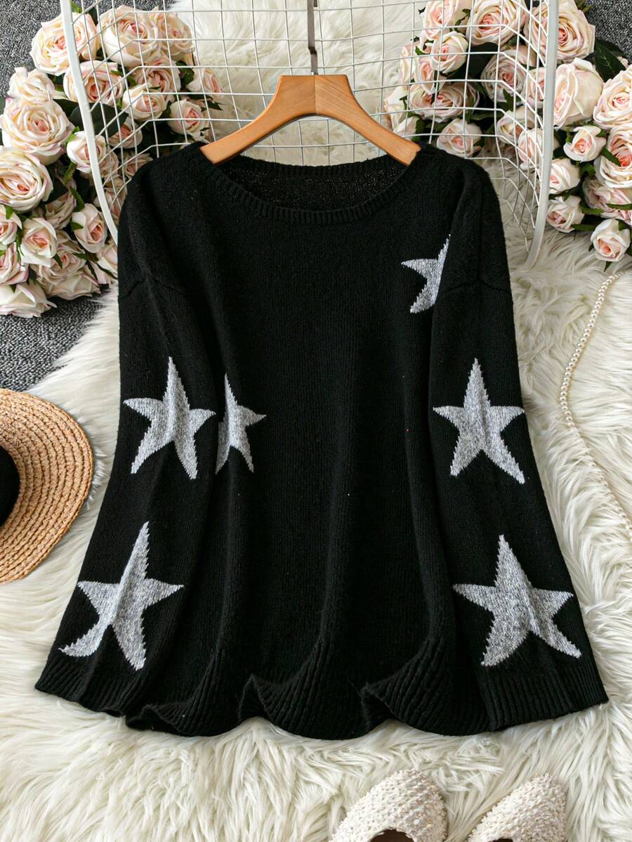 SHEIN LUNE Plus Size Star Print Sweater, Casual Knitted Pullover For Autumn/Winter Fall - Black - View 1