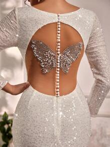 Glamrae Váy cưới đuôi cá đính đá lấp lánh, cổ chữ V, tay dài, hở lưng, lưới mỏng, sang trọng, màu trắng thanh lịch, gợi cảm, hở lưng, đính hình bướm, dành cho cô dâu - trắng - Xem 1