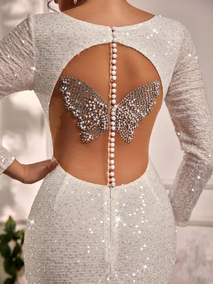 Glamrae Váy cưới đuôi cá đính đá lấp lánh, cổ chữ V, tay dài, hở lưng, lưới mỏng, sang trọng, màu trắng thanh lịch, gợi cảm, hở lưng, đính hình bướm, dành cho cô dâu - trắng - Xem 1