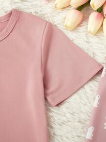 Bộ 3 món/Bộ áo thun tay ngắn in hình thỏ dễ thương cho bé gái, quần và quần short, bộ đồ ngủ thường ngày thoải mái - Hồng - Xem 3