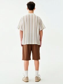 SHEIN 1pc Oversized Textured Knit Polo Shirt For Teenage Boys, American Streetwear Style, Vintage Collar T-Shirt, Suitable For School, Travel, Daily Wear, Skateboarding, Music Festivals, Clean Fit - White - View 2