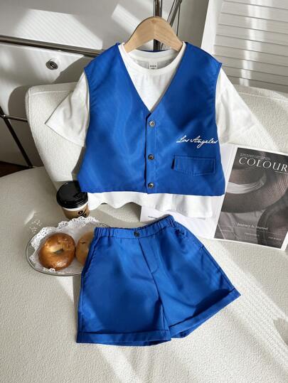 SHEIN Leap Crew Buy Two Get One Free Young Boys Boys Casual Sports Academy Street Style Japanese And Korean Loose Fit With English Letters Vest And Basic T-Shirt And Half-Length Waist Suit Shorts High-Quality Three Pieces Set