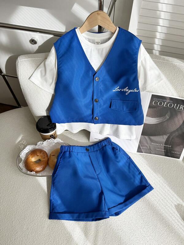 SHEIN Leap Crew Buy Two Get One Free Young Boys Boys Casual Sports Academy Street Style Japanese And Korean Loose Fit With English Letters Vest And Basic T-Shirt And Half-Length Waist Suit Shorts High-Quality Three Pieces Set