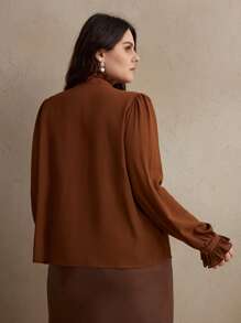 Anewsta 大码优雅长袖 3D 花卉透视灯笼袖刺绣衬衫上衣，适合情人节、暑假、新年 - 咖啡棕 - 查看 2