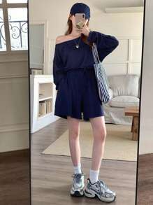 DAZY Women's Solid Color Loose Long Sleeve Off Shoulder Jumpsuit Summer Romper Lounge Sets For Women - Navy Blue - View 3