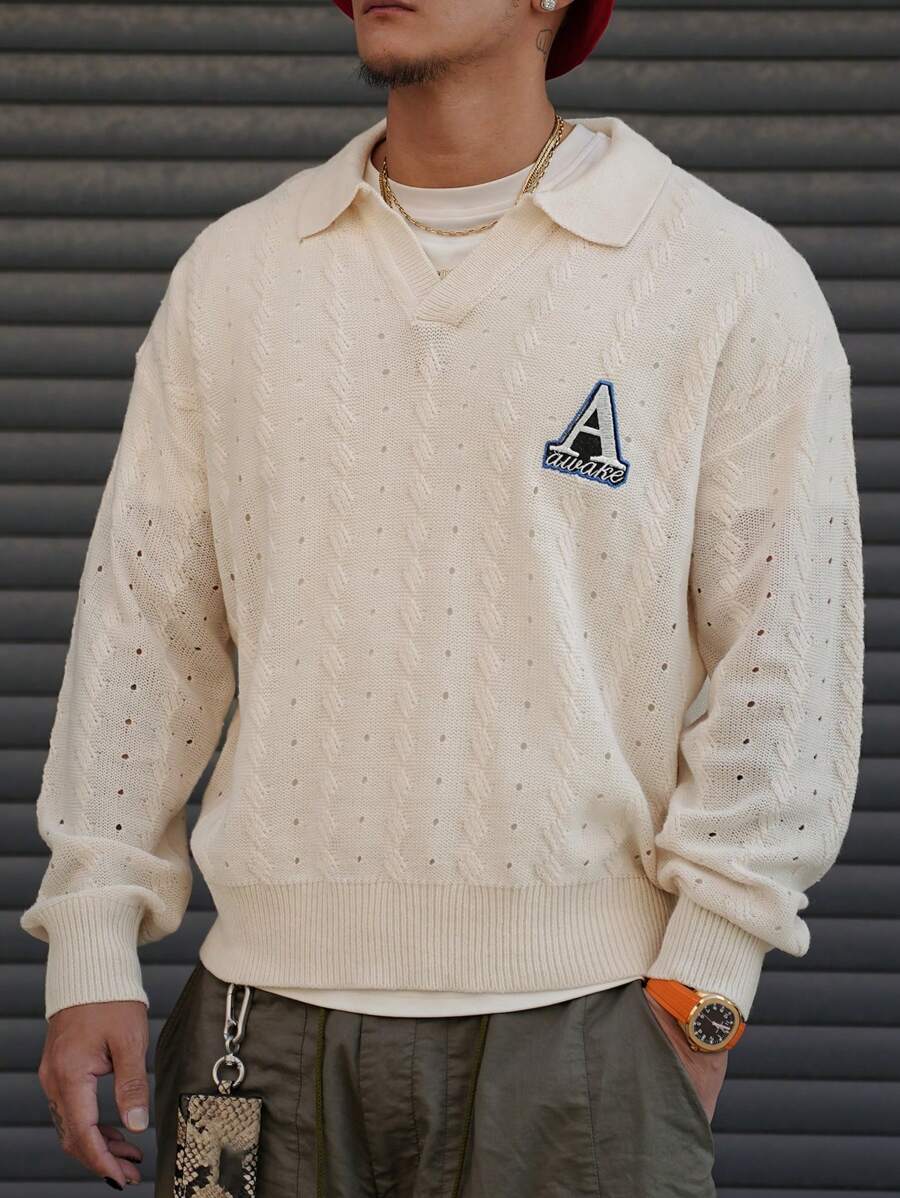 DAZY Men's Hollow Out Knitted Sweater, Turndown Collar Letter Embroidered, Spring Knitwear Top