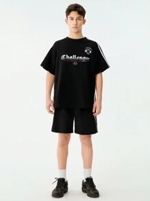 SHEIN 1 pezzo Pantaloncini da basket stile hip hop vintage americano per ragazzi adolescenti, vestibilità ampia, patchwork casual, streetwear, adatti per basket, hip hop, uso quotidiano, estate all'aperto, skateboard - nero - Visualizzare 3