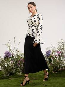 Modelyn Women Watercolor Floral Pattern Ruffle Sleeve Top And Satin Mermaid Skirt Elegant Romantic 2 Pieces Set - Black and White - View 6