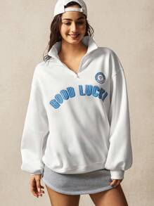 VARSITIE 长袖健身上衣 白色立领长袖宽松休闲字母印花拉链羊毛连帽衫 - 白色 - 查看 5