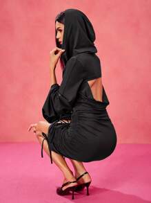 Tristan Blake Abito mini con cappuccio, motivo a cordoncino, maniche a zampa, scollo a cappuccio e drappeggio, di design, adatto per festival, concerti, balli di fine anno