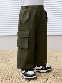 SHEIN 休闲斜口袋直筒宽松纯色编织裤，适合男宝宝和女宝宝，春夏装，居家和户外 - 軍綠色 - 查看 4