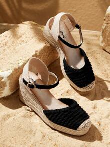 Styleloop Casual Wedge Heel Jute Rope & Canvas Embroidered Flaece Fabric - Black - View 1