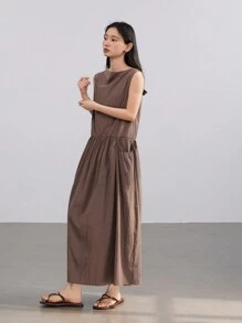 Dazy-Less Damen Einfarbiges Leinen Loose Vest Design Patchwork Midi Kleid Business Lässig