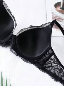 1pc Thin Padded Wire Lace & Mesh Lift Comfort Adjustable Bra - Black - View 7