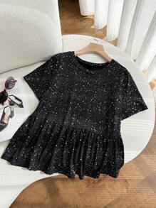 CovetEZ Plus Size Women's Round Neck Patchwork A-Line Solid Color Doll Dress T-Shirt - Black - View 3