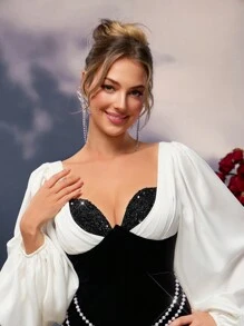 SHEIN Belle 优雅浪漫复古黑白拼接甜心领亮片装饰珍珠链天鹅绒弹力面料长袖灯笼袖款式生日派对生日聚会喜庆情人节酒会礼服，婚礼宾客礼服 - 黑與白 - 查看 4