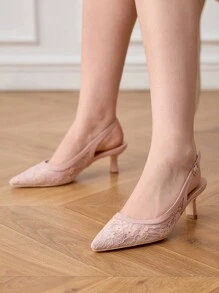 CUCCOO HITCHD Women's Pointed Toe Lace Design Stiletto High Heel Shoes, Romantic & Elegant, Graceful & Noble, Suitable For Wedding, Formal Occasions. Light & Soft Lace Mesh Material, Peach Color. Spring Shoes Spring Break Easter Prom Heels - Dusty Pink - View 2
