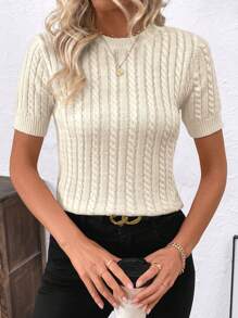 Chiquease Stylish Twisted Rope Design Round Neck Knit Top, Influencer Style, Versatile - Beige - View 5