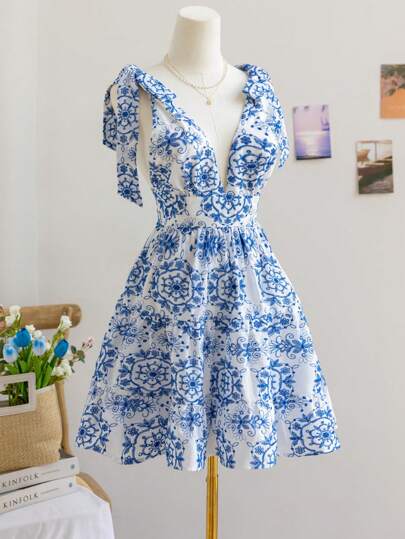 Soleia Vacation Embroidery Lace-Up Hollow Texture A-Line Vintage Dress, Suitable For Holiday, Date, Valentine's Day, Afternoon Tea