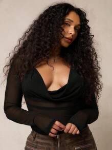 SUMWON WOMEN Áo liền quần dài tay cổ tròn quấn tay lưới bán trong suốt dự tiệc tối câu lạc bộ thời trang thu đông - màu đen - Xem 6