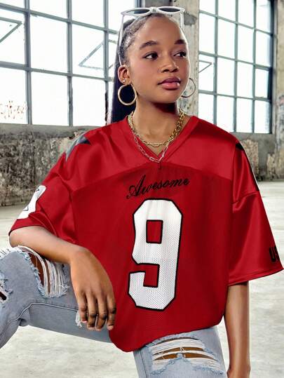 SHEIN Leap Crew SLAYR KIDS Teen Girls' Numeric Print Patchwork Loose V-Neck Casual Short Sleeve T-Shirt