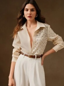 Anewsta Premium Commuting Elegant Pearl Decorated Women Shirt, Spring For Women - Apricot - View 2