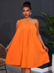 Slaydiva Váy ống rộng màu trơn không tay một bên vai cỡ lớn mới 2025 cho nữ - trái cam - Xem 3