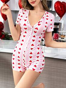 Stripe & Heart Print Snap Button Short Sleeve Jumpsuit Pajama Set - Multicolor - View 4