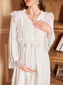 PalaceNights 宫廷风刺绣长袖宽松舒适孕妇睡裙，娃娃款奢华家居服，秋冬款 - 白色 - 查看 3