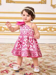 SHEIN 女宝宝可爱花卉印花无袖单肩夏季连衣裙 - 玫紅色 - 查看 3