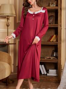 Elegant White Lace Patchwork Ladies Nightgown - Burgundy - View 6