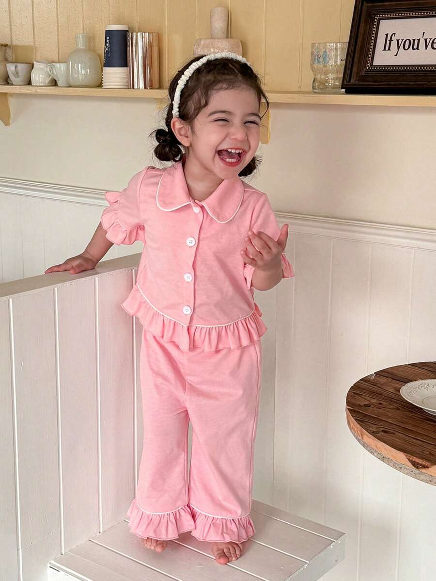 SHEIN Leap Crew 2 Pieces Baby Girl Cute & Simple Peter Pan Collar Button Front Ruffle Hem Short Sleeve Top And Pants Soft Homewear Pajama Set - Pink - View 1