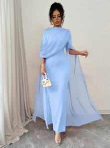 Rafferiza Elegant French Fashion Gown, Wrap Around Sheer Frill Shoulder Design, High Slit Waist Tight Bodycon Party/Banquet Dress, Stretch Knit Red Long Sleeve Dress, Autumn/Winter Fall Cloth For Women - Baby Blue - View 3