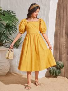 SHEIN Tween Girls' Vacation Casual Solid Color Square Neck Short Sleeve Woven Dress - Yellow - View 2