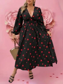Flirla Plus Size Romantic V-Neck Heart Design Waisted Long Dress For Valentine's Day