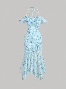 SHEIN MOD Vestido largo de punto con flores en azul para el verano, vestidos azules para mujer, vestido de graduación