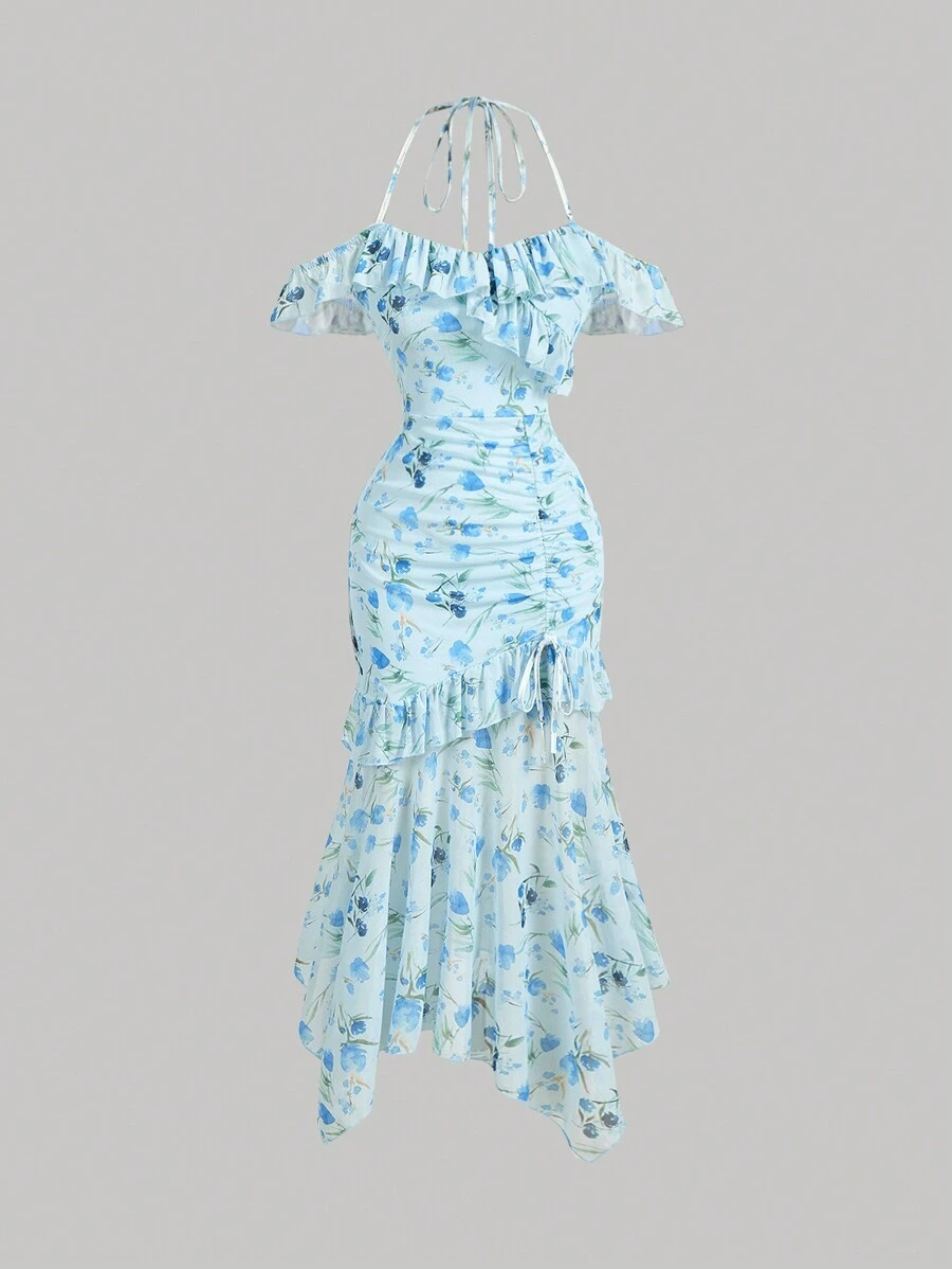 SHEIN MOD Vestido largo de punto con flores en azul para el verano, vestidos azules para mujer, vestido de graduación