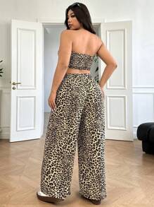 SHEIN EZwear Conjunto de 2 piezas de top tubo acortado con estampado de leopardo y pantalones sueltos casuales para mujer talla grande, para primavera/verano