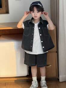 DAZY 2pcs/Set Toddler Boys Front Button Short Sleeve Pocket Casual Top And Denim Shorts Set