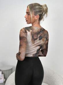 SHEIN Privé Mono elegante y romántico de estilo fashion para mujer, adecuado para fiestas, vacaciones, vuelta al colegio, citas románticas y bodas, con estampado teñido anudado y manga larga - Multicolor - Ver 4