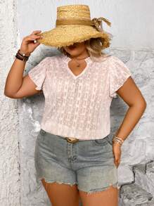SHEIN LUNE Plus Size Women V-Neck Shirred Sleeve Jacquard Blouse, Casual Resort Wear - Pink - View 3