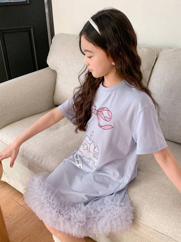 Tween Girls Slogan Print Round Neck Short Sleeve Knitted Dress, Summer