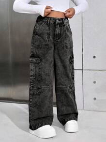 SHEIN 少女Y2K春夏纯色水洗高腰翻盖口袋宽松直筒工装牛仔裤，返校街头风，海滩波西米亚风音乐会阔腿裤，锐舞节，毕业典礼