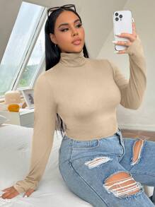 CovetEZ Plus High Neck Thumb Hole Crop Tee Spring Clothes