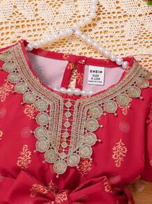 Îmbrăcăminte pentru fetițe Rochie elegantă de vară cu mâneci scurte cu guler brodat cu imprimeu auriu, potrivită pentru petreceri, festivaluri și activități în aer liber - roșu - Vizualizare 8