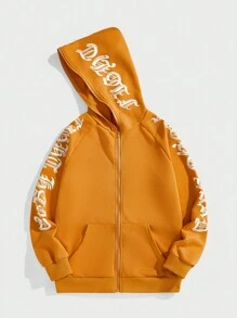 Manfinity Roghcode Men's Letter Print Zip-Up Hoodie - Orange - View 5