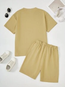 2pcs/Set Teen Boys Summer Streetwear Outfit,Mountain Peak Letter 3D Embossed Print Round Neck Short Sleeve T-Shirt And Drawstring Waist Shorts Set - Khaki - View 2